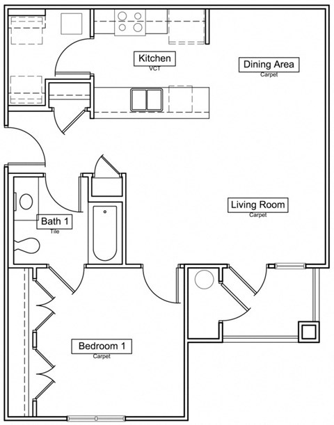Floor plan for 1 bed, 1 bath, 701 sqft